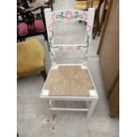 A FLORAL PAINTED DINING CHAIR WITH RUSH SEAT