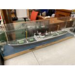 A VERY LARGE GLASS BOXED MODEL STEAM LINER 123CM X 27CM X 37CM