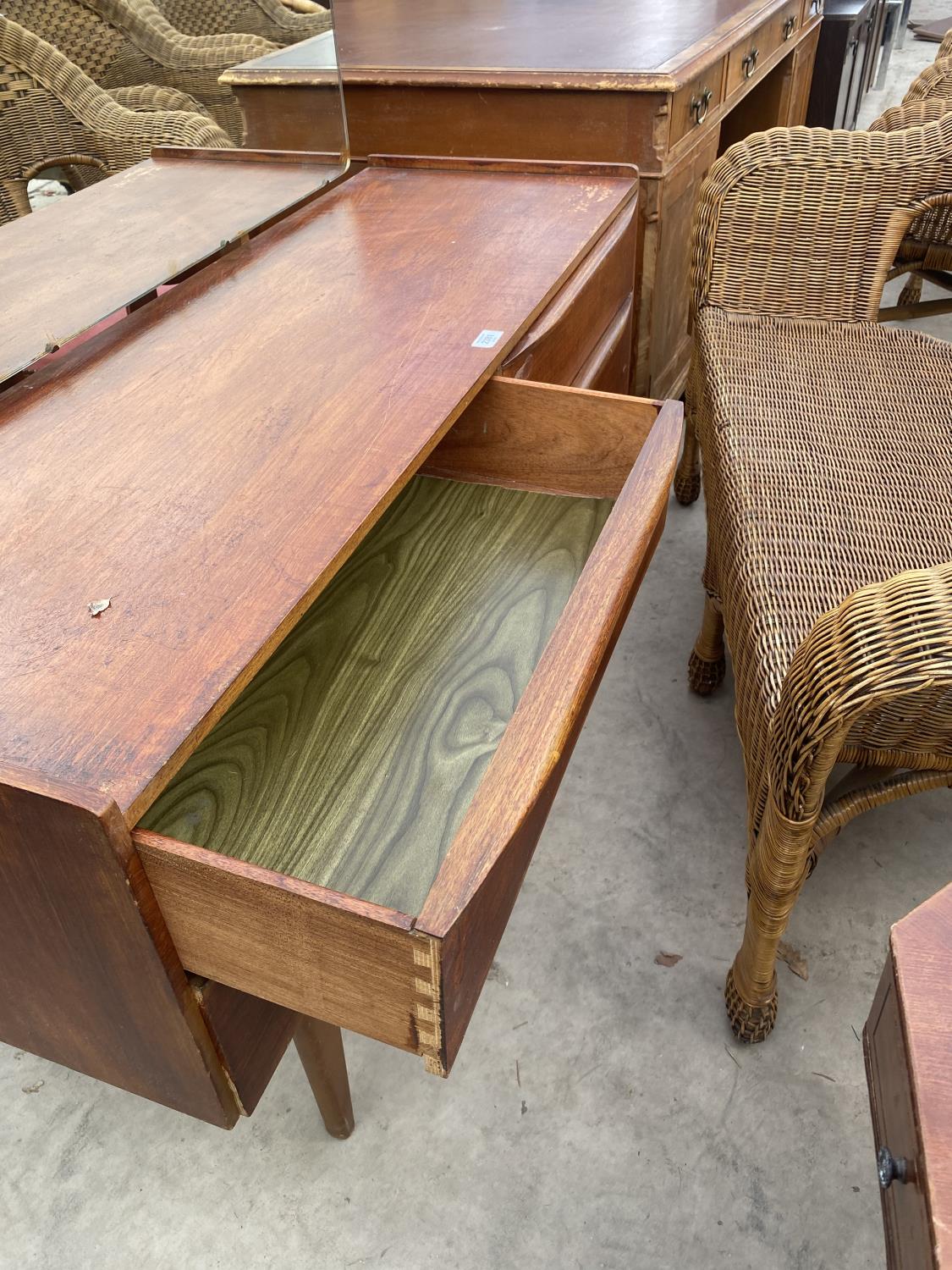 A RETRO TEAK SCHREIBER STYLE DRESSING TABLE WITH FOUR DRAWERS, 48" WIDE - Image 3 of 5