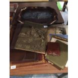 FOUR VINTAGE DOCUMENT WALLETS, A DECORATIVE TRAY, A LEATHER MONOGRAMMED WALLET ETC