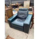 A GREEN LEATHER RECLINER CHAIR OF LARGE PROPORTIONS WITH HEADREST