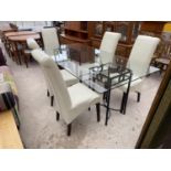 A MODERN GLASS TOP DINING TABLE AND FIVE HIGH BACK DINING CHAIRS