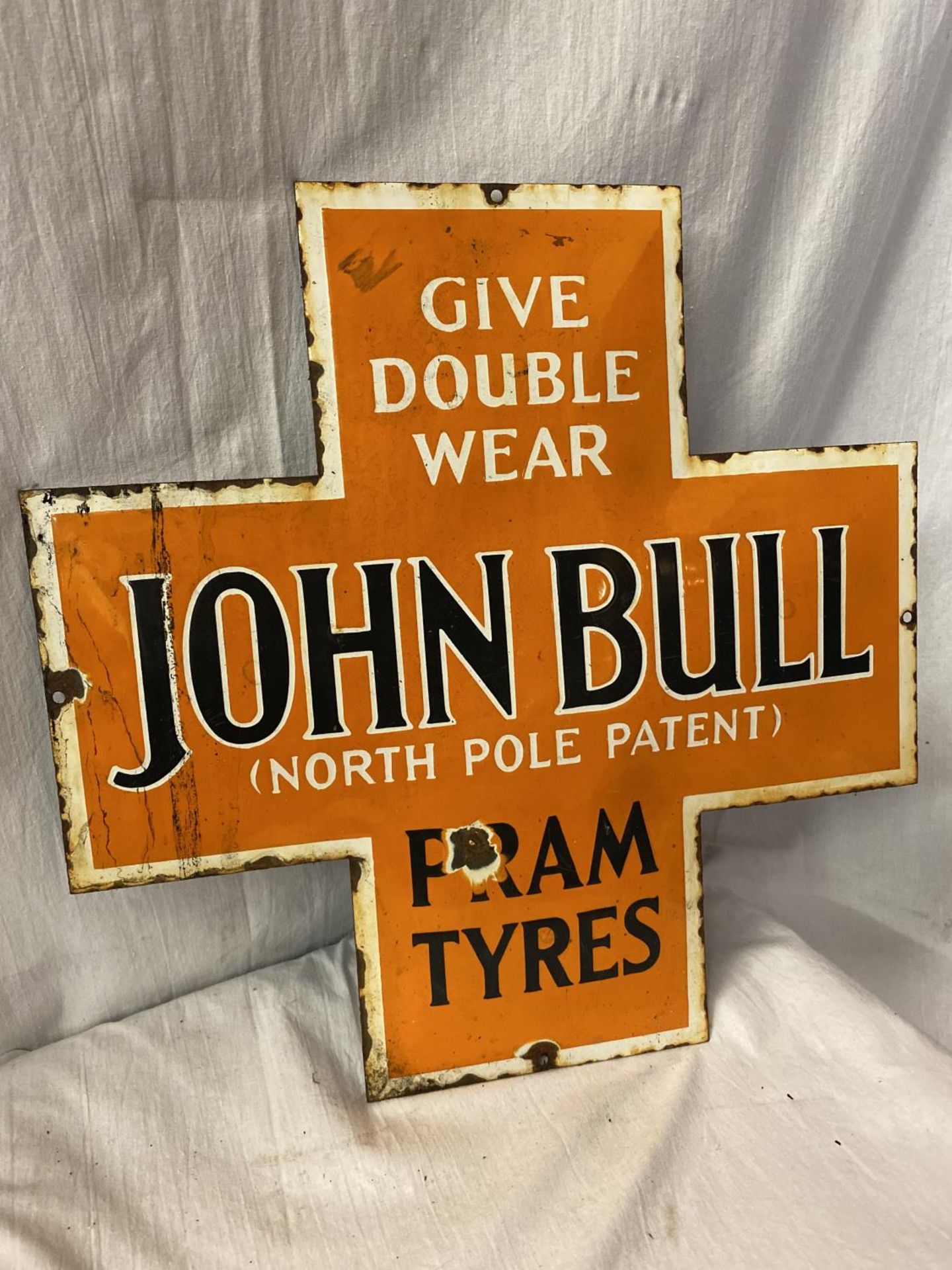 A 'JOHN BULL (NORTH POLE PATENT) PRAM TYRES' ENAMEL SIGN 45CM X 45CM