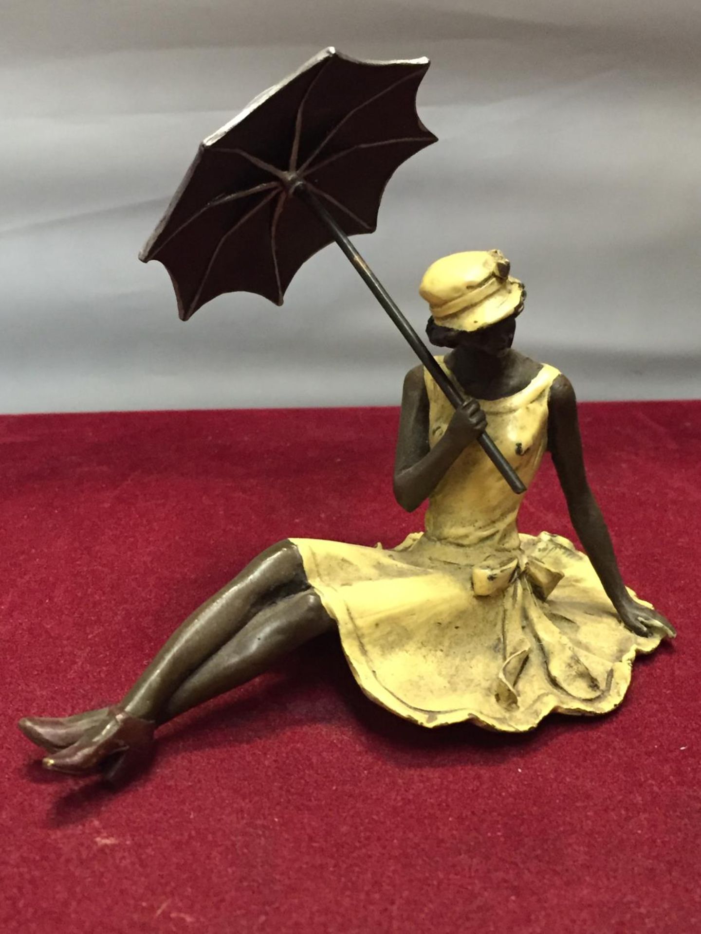 A BERGMAN STYLE COLD PAINTED BRONZE OF A WOMAN IN A YELLOW DRESS WITH MATCHING PARASOL HEIGHT