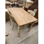 A PAINTED KITCHEN TABLE WITH PINE TOP, 48X30" AND TWO CHAIRS