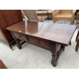 AN OAK HALL TABLE WITH TWO DRAWERS