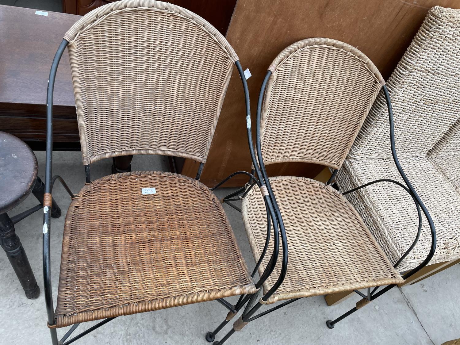 A PAIR OF STYLISH METALWARE FRAMED CONSERVATORY ELBOW CHAIRS WITH WICKER SEATS AND BACKS, TOGETHER - Image 2 of 6