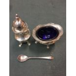 A BIRMINGHAM SILVER SALT, A SHEFFIELD SILVER SPOON, A HALLMARKED PEPPER POT