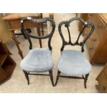 TWO VICTORIAN EBONISED BEDROOM CHAIRS WITH MOTHER OF PEARL INLAY