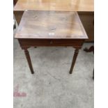 A SMALL WALNUT AND INLAID TABLE WITH SWALLOW DECORATION ON TURNED LEGS WITH SINGLE DRAWER, 22X17.5"