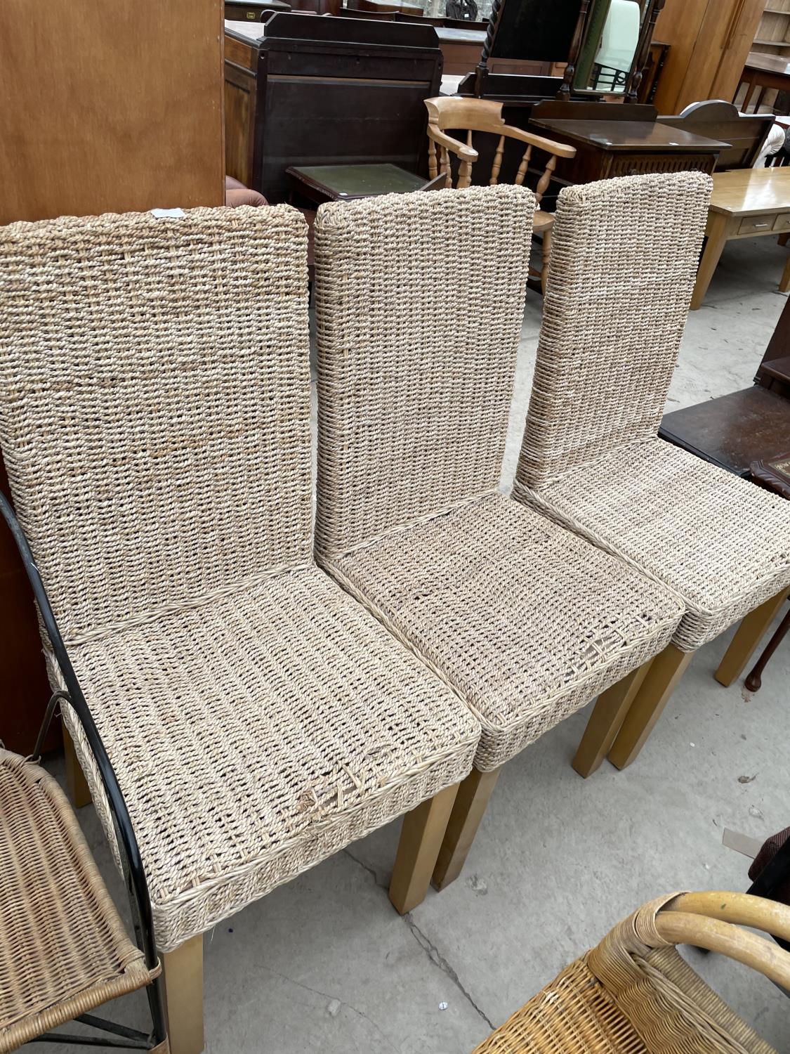 A PAIR OF STYLISH METALWARE FRAMED CONSERVATORY ELBOW CHAIRS WITH WICKER SEATS AND BACKS, TOGETHER - Image 4 of 6