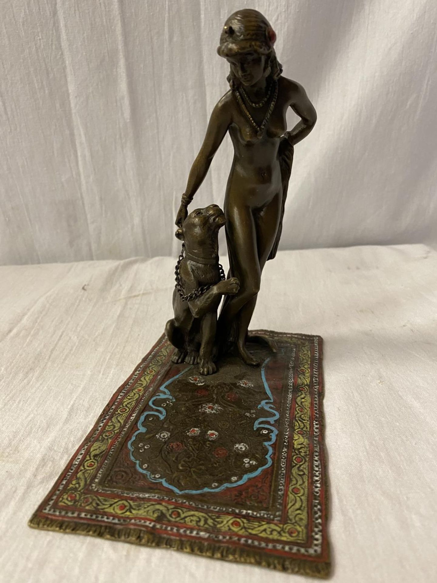 A BERGMAN STYLE COLD PAINTED NAN GREB BRONZE IN THE FORM OF A DANCER AND LIONESS H: APPROXIMATELY - Image 2 of 5