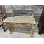 AN EARLY 20TH CENTURY CHILDS DOUBLE DESK WITH INTEGRAL SEAT WITH A SHABBY CHIC TYPE DECORATION 34"