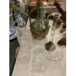 A COLLECTION OF GLASS WARE TO INCLUDE A CUT GLASS DECANTER, FOUR BRANDY GLASSES, A WINE CARAFE A/F