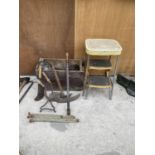 A VINTAGE KITCHEN STEP STOOL, A VINTAGE WOODEN CRATE AND VINTAGE HAND TOOLS ETC