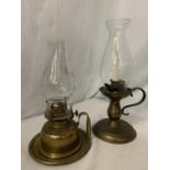 TWO BRASS OIL LAMPS