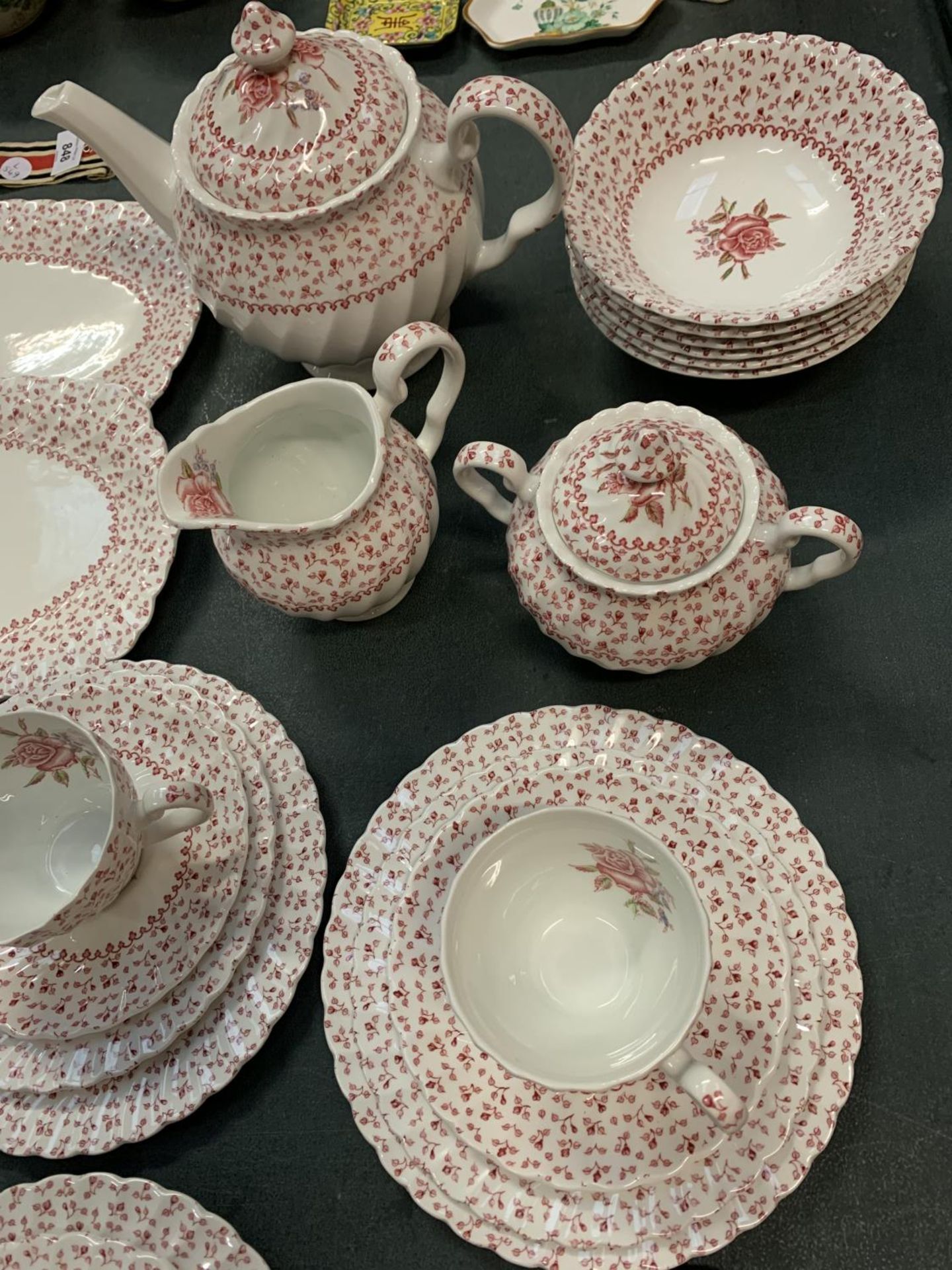 A SIX TRIO JOHNSON BROTHERS TEA SET 'ROSE BOUQUET' TO INCLUDE TEAPOT, CREAMER, SUGAR BOWL, - Image 4 of 4