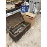 AN ASSORTMENT OF HAND TOOLS TO INCLUDE WOODEN TOOL BOX, PLIERS AND SPANNERS ETC