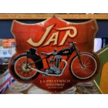 A METAL CUT OUT 'JAP' MOTORCYCLE SIGN - 43.5CM X 37CM