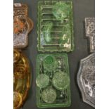TWO GREEN GLASS VINTAGE DRESSING TABLE SETS