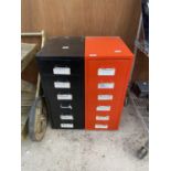 A PAIR OF SMALL SIX DRAWER METAL FILING CABINETS