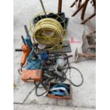 AN ASSORTMENT OF ITEMS TO INCLUDE TO INCLUDE A DRILL BRACE AND DRILL, HOSE PIPE AND PARAFFIN LAMP