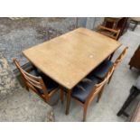 A RETRO TEAK EXTENDING DINING TABLE, 33X72" EXTENDED AND THREE CHAIRS