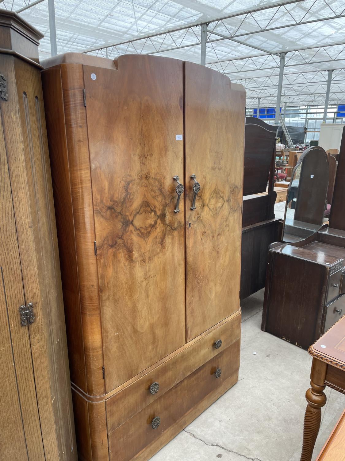 A MID 20TH CENTURY WALNUT WARDROBE WITH TWO DRAWERS TO THE BASE, 41" WIDE