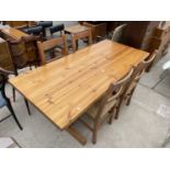 A MODERN PINE REFECTORY STYLE DINING TABLE, 66X30" AND FOUR RUSH SEATED CHAIRS