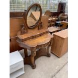A VICTORIAN MAHOGANY DRESSING TABLE WITH OVAL MIRROR ON CARVED SUPPORTS, THREE SMALL UPPER