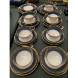A COLLECTION OF BLUE AND WHITE OLD ROYAL CHINA WITH GOLD DETAILTO INCLUDE SEVEN TRIOS