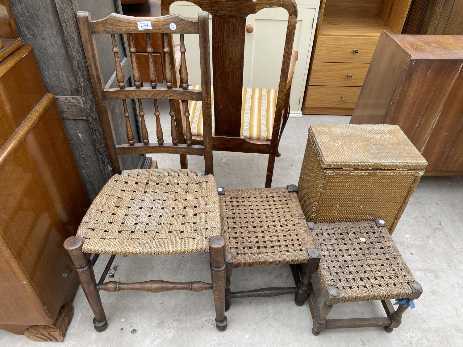 A LANCASHIRE STYLE SPINDLE BACK DINING CHAIR, TWO RUSH SEATED STOOLS AND A LLOYD LOOM STYLE LINEN