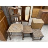 A LANCASHIRE STYLE SPINDLE BACK DINING CHAIR, TWO RUSH SEATED STOOLS AND A LLOYD LOOM STYLE LINEN