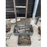 AN ASSORTMENT OF ITEMS TO INCLUDE A WOODEN LADDER, TWO GALVANISED TRAYS AND TOOLS ETC