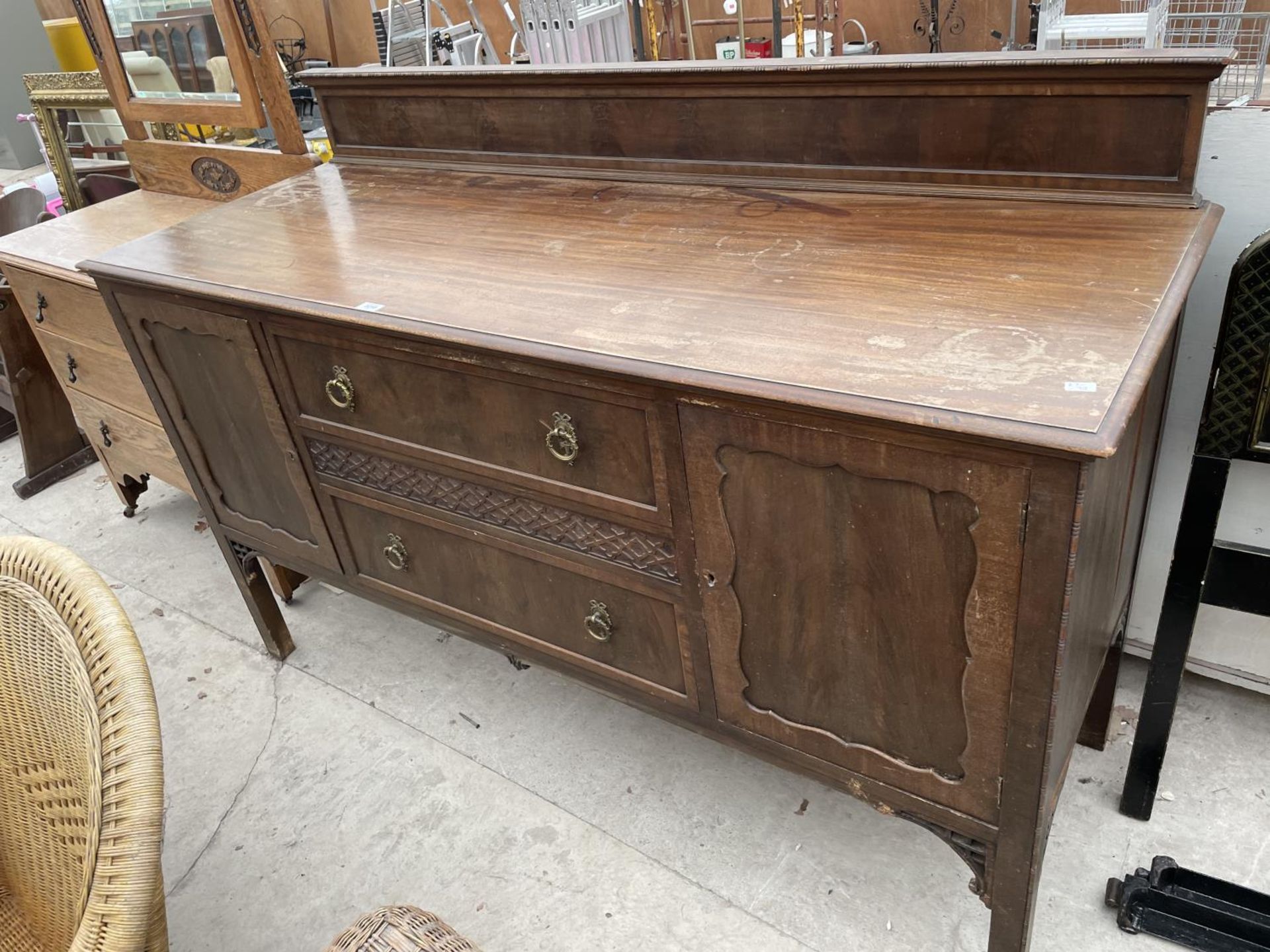 AN EDWARDIAN MAHOGANY SIDEBOARD WITH RAISED BACK, 65" WIDE