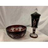 TWO PIECES OF RUBY CUT GLASS OVERLAY ITEMS, A BOWL AND A LIDDED GLASS (LID A/F)