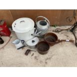 AN ASSORTMENT OF ITEMS TO INCLUDE A GALVANISED WATERING CAN, ENAMEL BREAD BIN AND PANS ETC