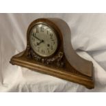 A LARGE DECORATIVE NAPOLEONS HAT INLAID WALNUT MANTEL CLOCK