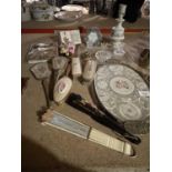 A VINTAGE DRESSING TABLE SET TO INCLUDE BRUSHES AND A TRAY, A GLASS SET OF THE SAME ETC