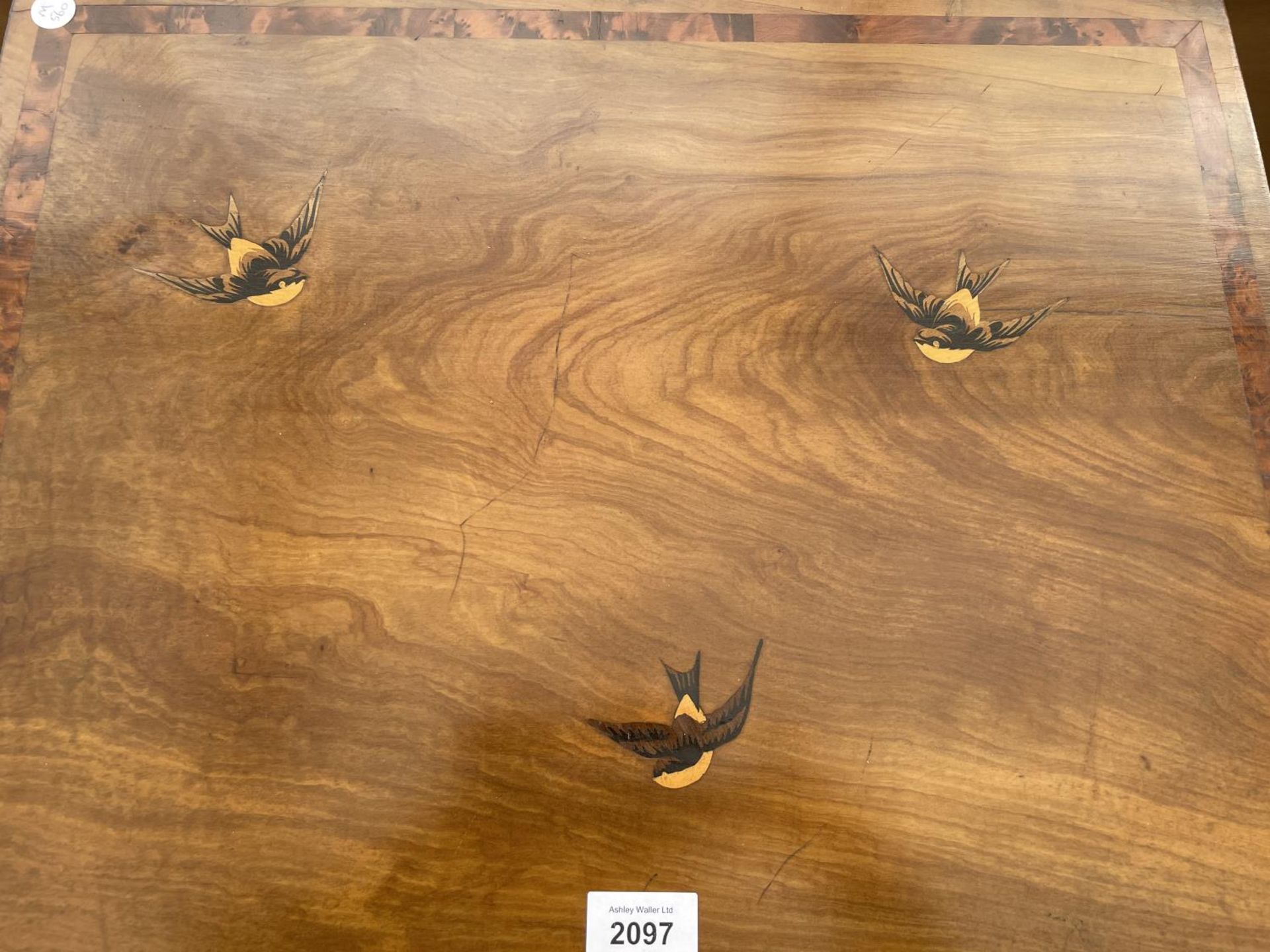 A SMALL WALNUT AND INLAID TABLE WITH SWALLOW DECORATION ON TURNED LEGS WITH SINGLE DRAWER, 22X17.5" - Image 2 of 6