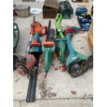 AN ASSORTMENT OF ELECTRIC GARDEN TOOLS TO INCLUDE THREE HEDGE CUTTERS AND THREE GRASS STRIMMERS