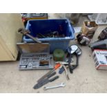AN ASSORTMENT OF HAND TOOLS TO INCLUDE SOCKET SET, SPANNERS AND GRIPS ETC
