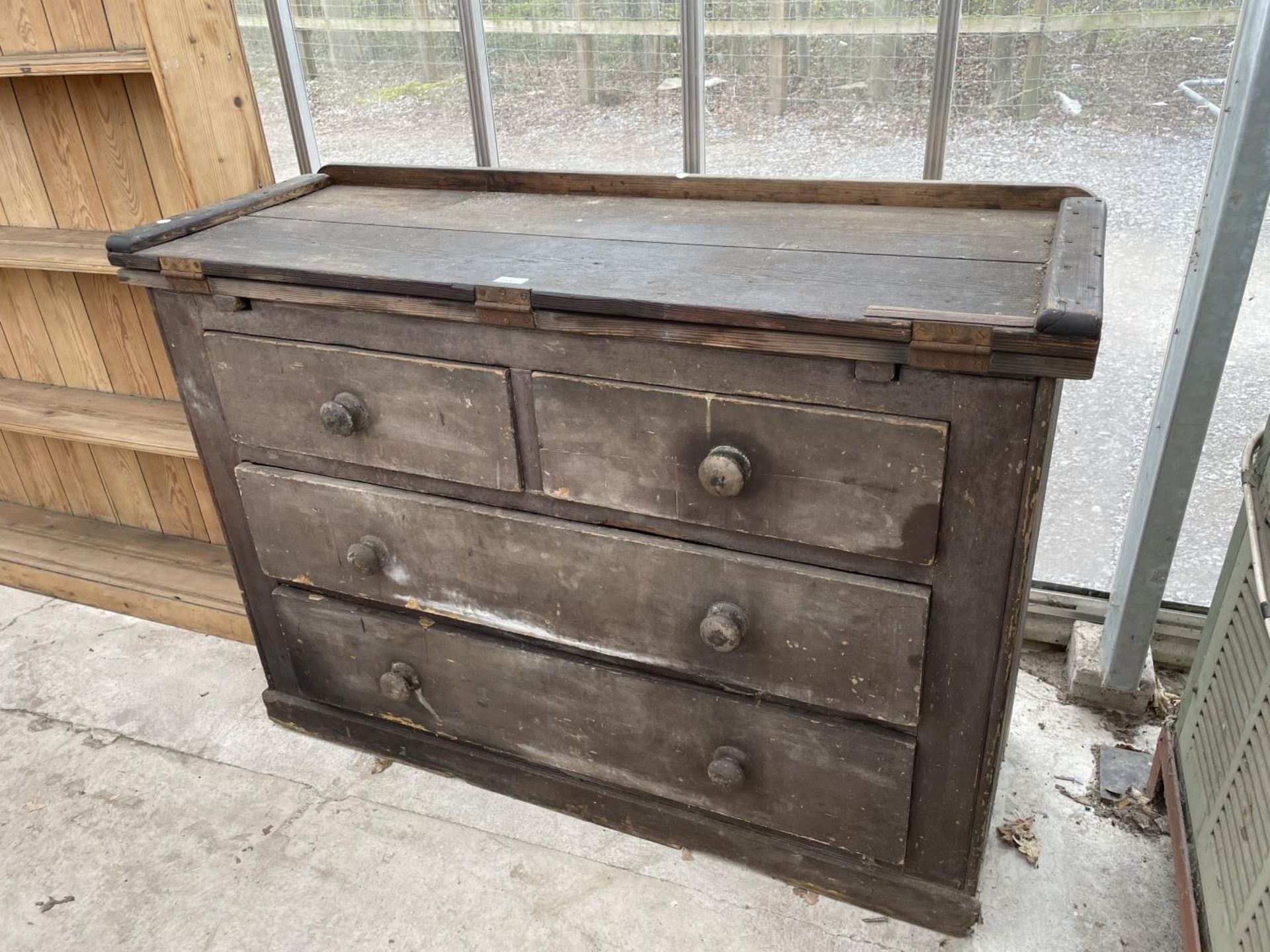 A VICTORIAN PINE CHEST OF TWO SHORT AND TWO LONG DRAWERS WITH FOLD-OVER WORK TOP - Image 2 of 4