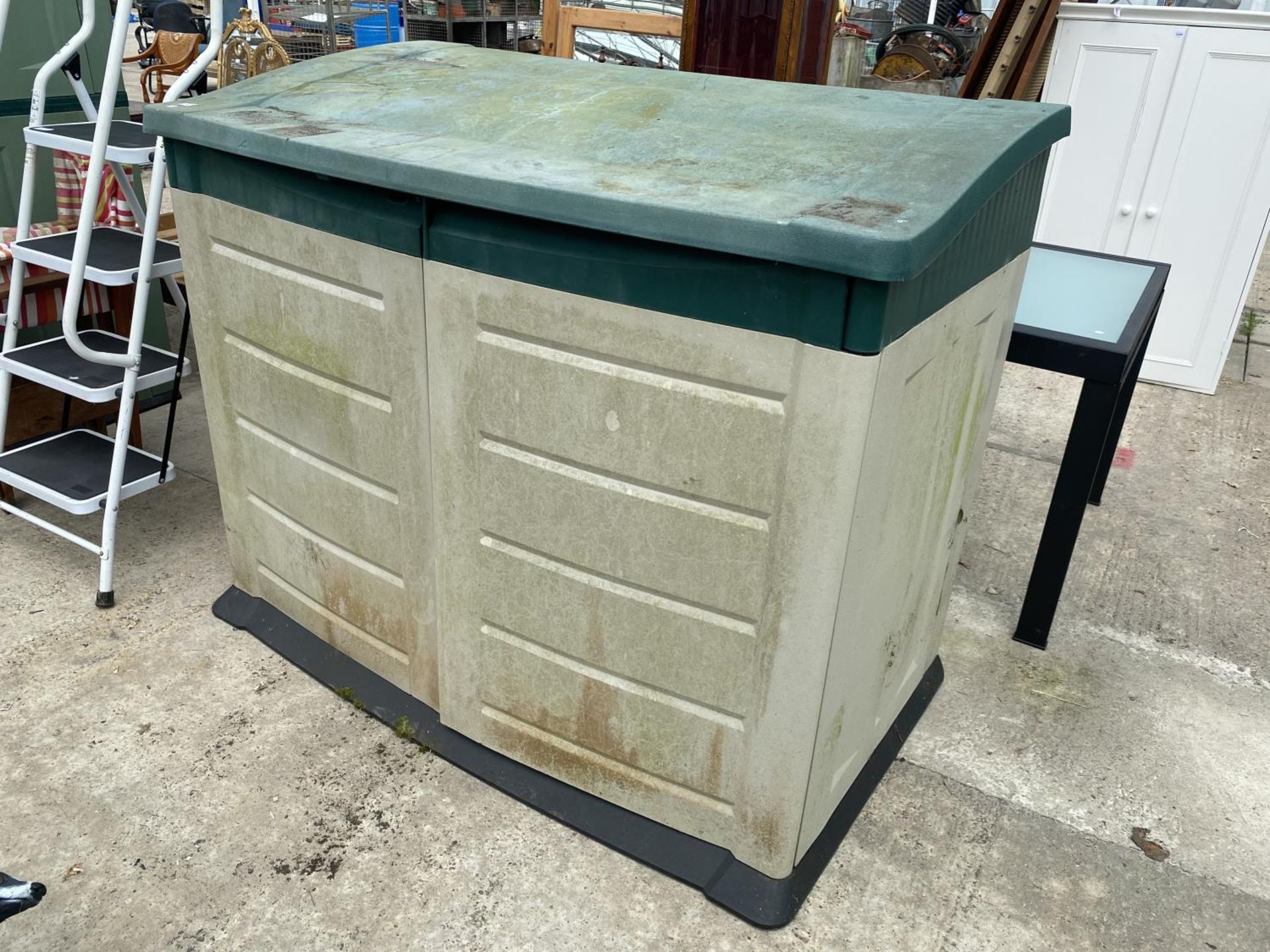 TWO PLASTIC GARDEN STORAGE SHEDS, A SET OF KITCHEN STEPS AND TWO DIRECTORS CHAIRS