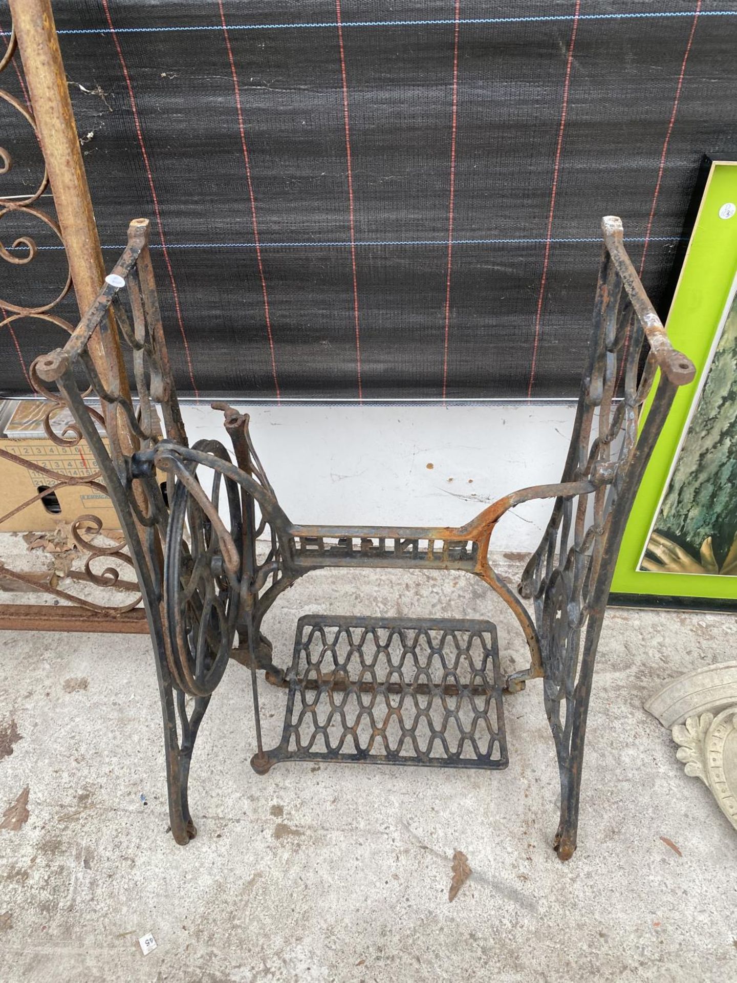 A SECTION OF DECORATIVE WROUGHT IRON RAILING AND A SINGER TREADLE BASE - Image 2 of 5