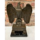 A BRONZE SCUPLTURE OF A GERMAN STATUE WITH EAGLE AND SWASTIKA ON MARBLE BASE - H:44CM INCLUDING BASE
