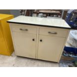AN ENAMEL KITCHEN UNIT ENCLOSING TWO CUPBOARDS AND TWO DRAWERS