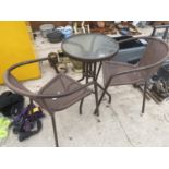 A METAL BISTRO SET WITH TWO CHAIRS AND A ROUND TABLE