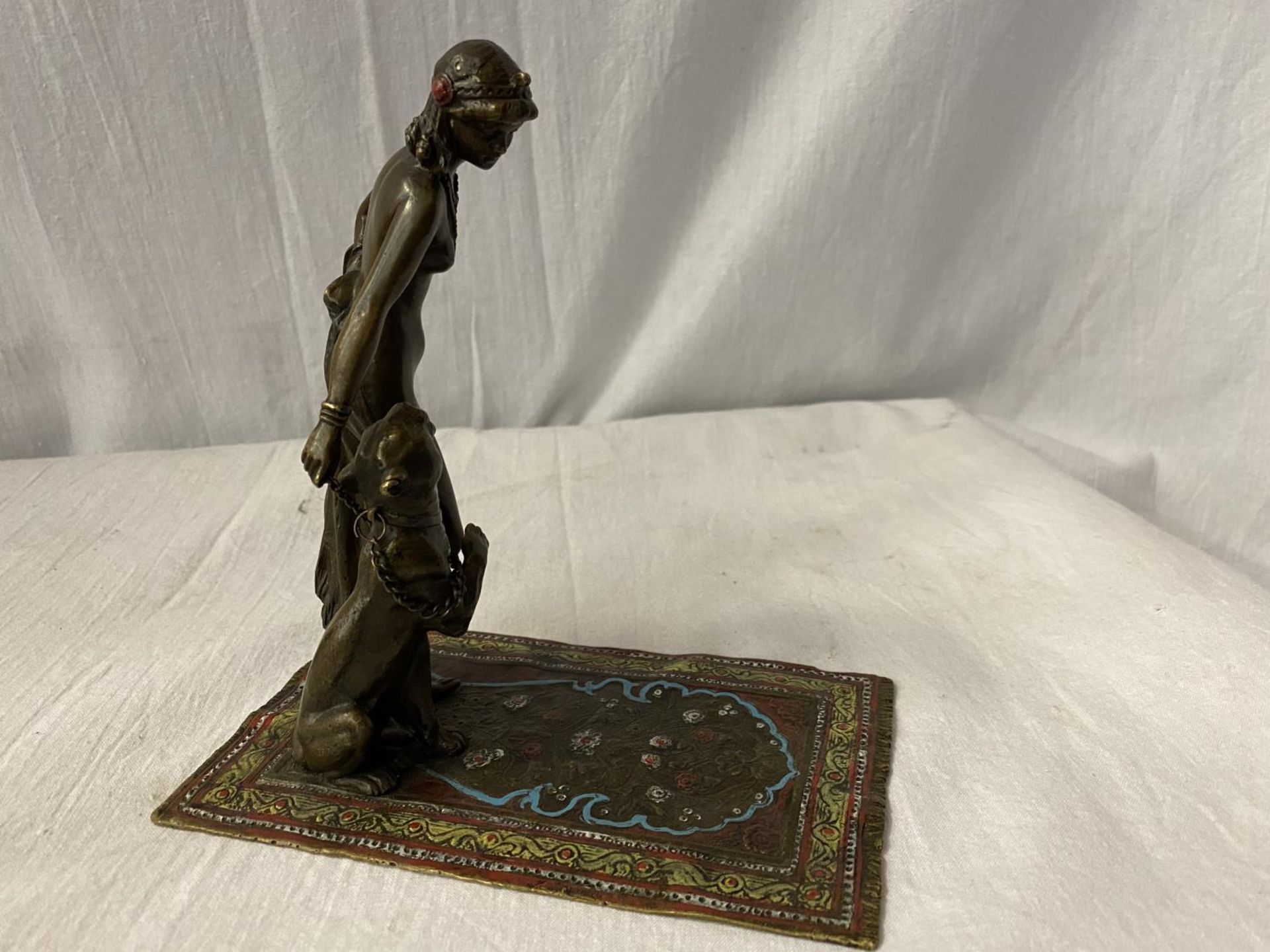 A BERGMAN STYLE COLD PAINTED NAN GREB BRONZE IN THE FORM OF A DANCER AND LIONESS H: APPROXIMATELY - Image 3 of 5