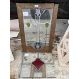 TWO STAIN GLASS WINDOWS (ONE WITH WOODEN FRAME)